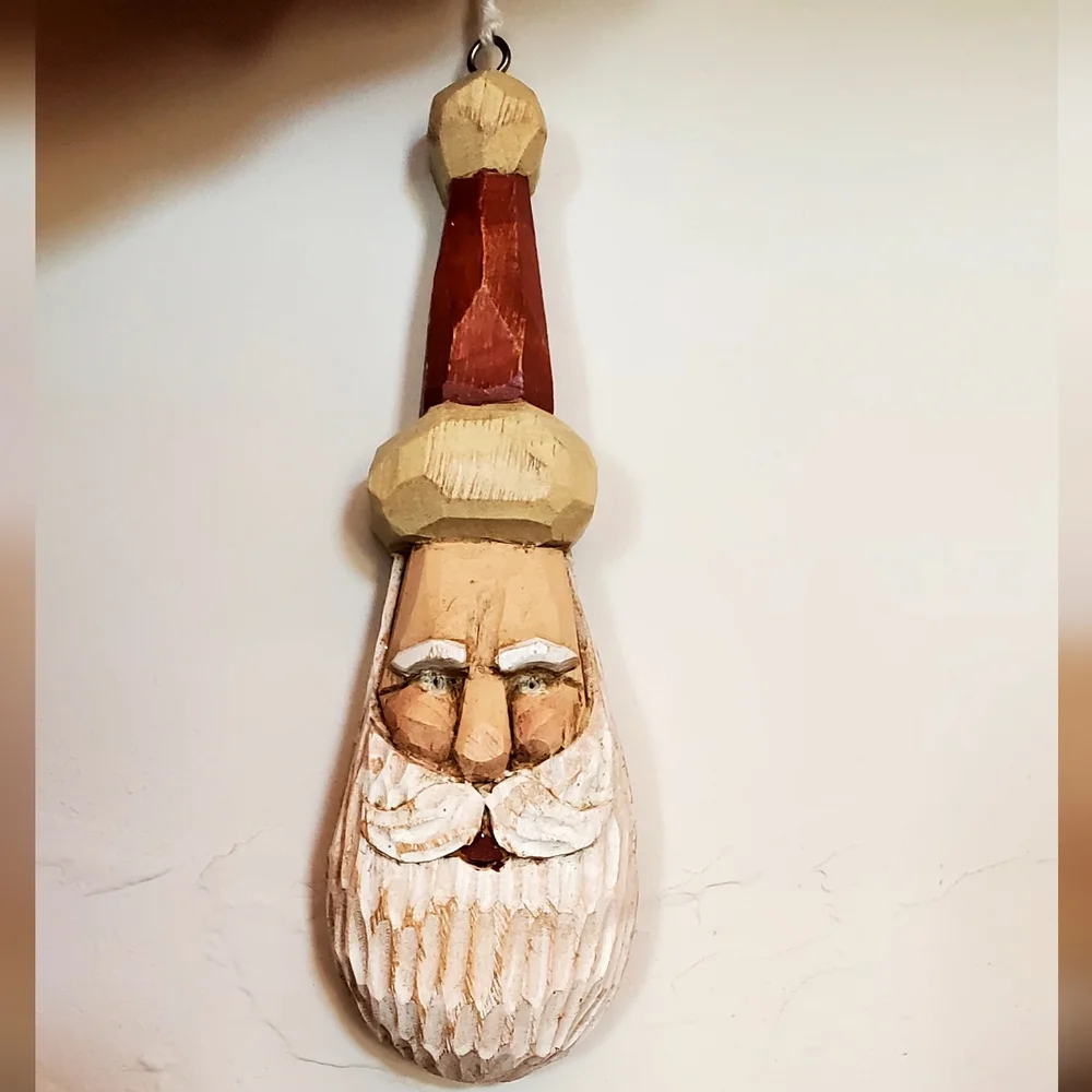 Vtg R.J. Zeit Signed Handcarved Wood Primitive Folk Art Santa Ornament 1996